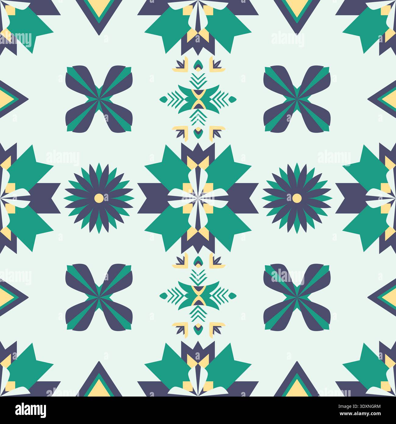 Nahtloses ethnisches geometrisches Muster mit Blumenmotiven in Petrol, Grün, Marineblau und sanften Gelbtönen, dekoratives Hintergrunddesign Stock Vektor
