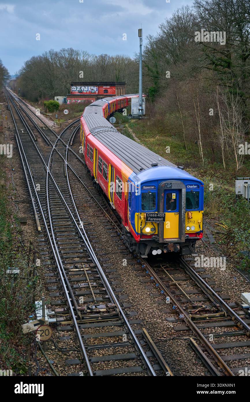 Class 455 Farewell Rail Tour am 21. Dezember 2025 in Effingham Junction, Surrey Stockfoto