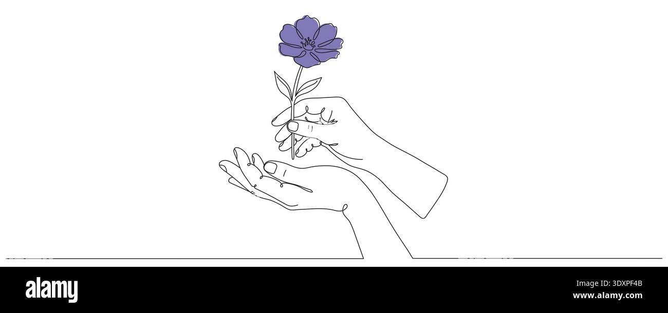 Hände, die eine Blume halten, mit einer durchgehenden Linie gezeichnet. Grafisches Design, mit einer Linie gezeichnet. Vektorabbildung. Bearbeitbare Zeile Stock Vektor