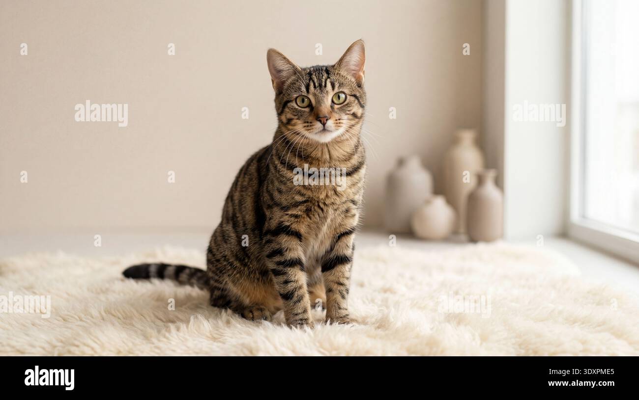 Dieses atemberaubende Foto zeigt eine häusliche Tabbykatze mit auffälligen grünen Augen, die anmutig auf einem weichen, weichen weißen Teppich thront. Der Hintergrund ist weich Stockfoto