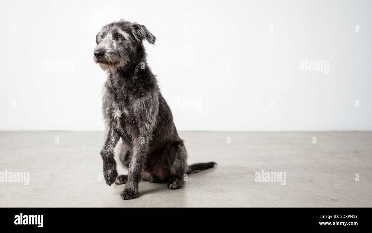 Dieses auffällige Bild zeigt einen mittelgroßen, schmutzigen Hund mit einem grauen, zotteligen Fell. Der Hund sitzt elegant in einer minimalistischen Studio-Umgebung Stockfoto