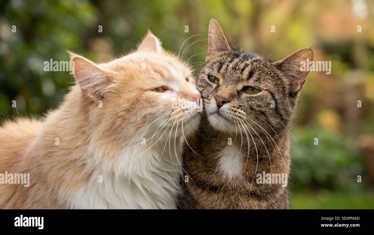 Eine herzerwärmende Szene von zwei Katzen, die Zuneigung ausdrücken. Die flauschige Ingwerkatze reibt sich sanft mit dem Kopf gegen die Tabbykatze und fängt einen Moment des Vertrauens ein Stockfoto