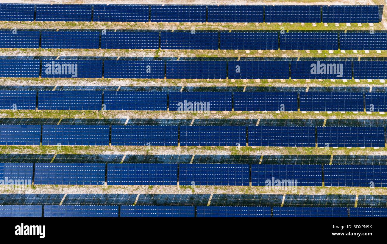 Eine Drohnenaufnahme, die den symmetrischen und geordneten Aufbau eines Solarkraftwerks zeigt. Erneuerbare Energiequellen und Technik. Stockfoto