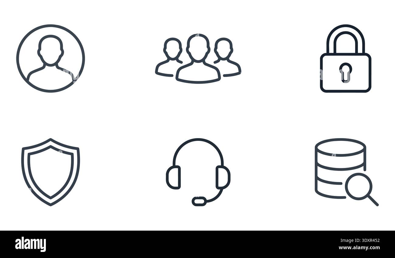 Minimalistische schwarze Symbole für digitale Sicherheit und Service. Ein Vorhängeschloss, eine Abschirmung, ein Headset und eine Datenspeicherung zeigen Sicherheitsmaßnahmen an Stock Vektor