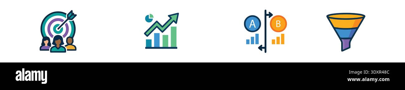 Vier farbenfrohe Symbole veranschaulichen Marketingkonzepte mit einem Bullseye, Diagrammen zum Leistungswachstum, einem Vergleich von ab-Tests und einem Umsatz Stock Vektor