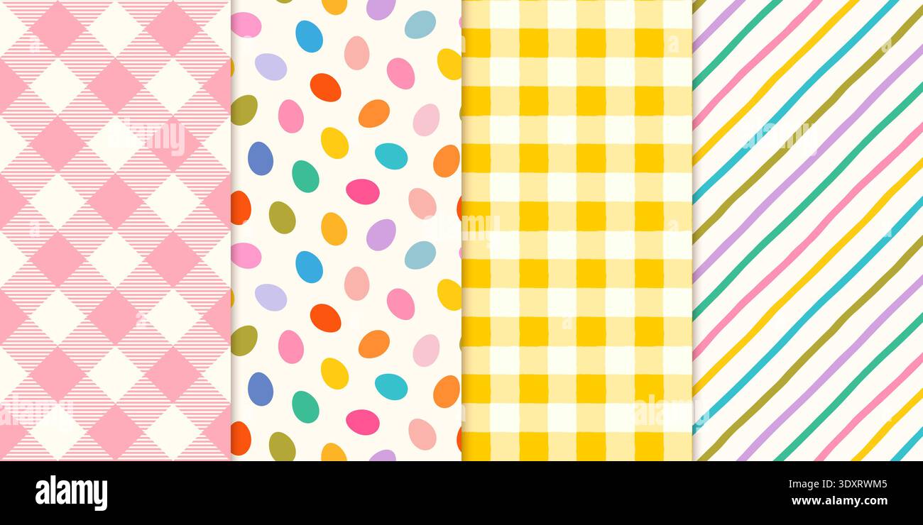 Pastellfarben Ostervektor nahtloses Muster Set mit bunten Eiern, Streifen und Karomustern für Frühlingshintergründe für Kinder Designs Stock Vektor