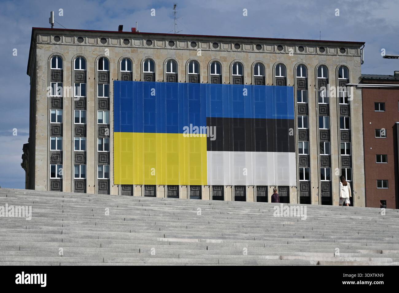 Tallinn, Estland - 24. Juli 2024: Die Flagge der Ukraine und die Flagge Estlands auf dem Buldzug auf dem Freiheitsplatz in Tallinn. Stockfoto