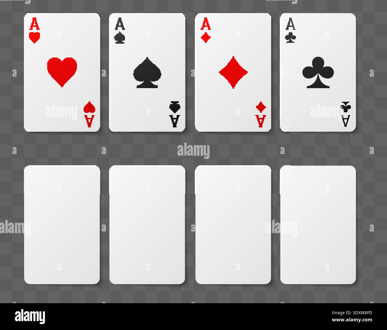 Reinigen Sie die Spielkarten oder mit Anzügen. Pokervorlagen isoliert auf transparentem Hintergrund. Jackpot-Ass. Vorderansicht des Spiels. Leere Pappe. Vegas Stock Vektor