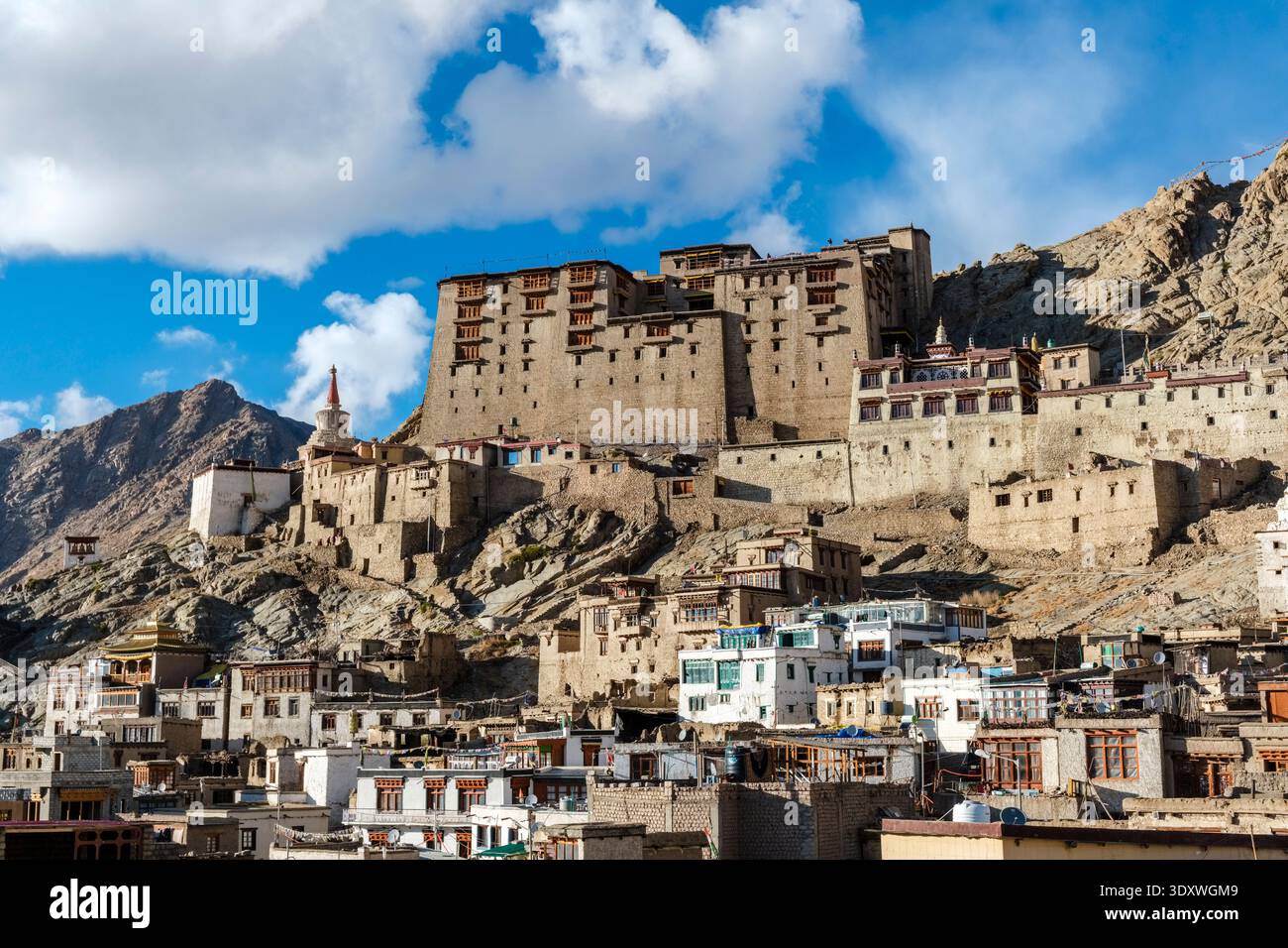 Der Leh Palace erhebt sich über den traditionellen Steinhäusern und verwinkelten Gassen der Altstadt, eingebettet an den zerklüfteten Hängen der Ladakh Range. Stockfoto