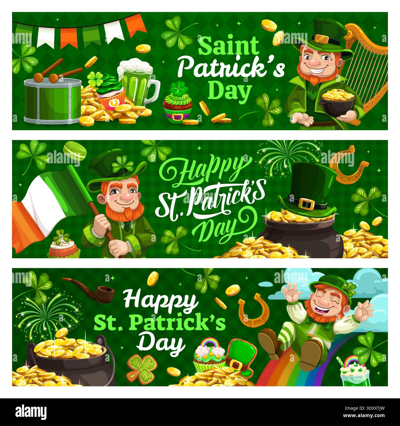 Happy St. Patrick Day-Banner mit Zeichentrickfiguren, Schamrock-Kleeblättern und goldenen Töpfen. St Patrick Day Vektor-Grußbanner mit irischem Weihnachtsfeier grünes Bier und Flaggen Stock Vektor