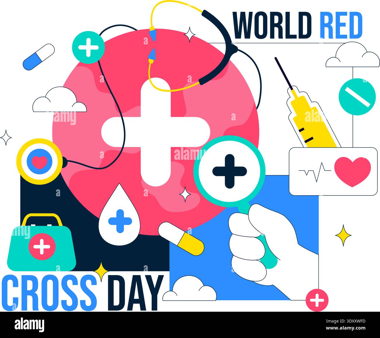 Welt-Rote Kreuz Tag Healthcare Unterstützung Mit Medizinischen Symbolen Herzschlag Stethoskop Und Spritze Vektor Illustration Für Globale Awareness Kampagne Stock Vektor