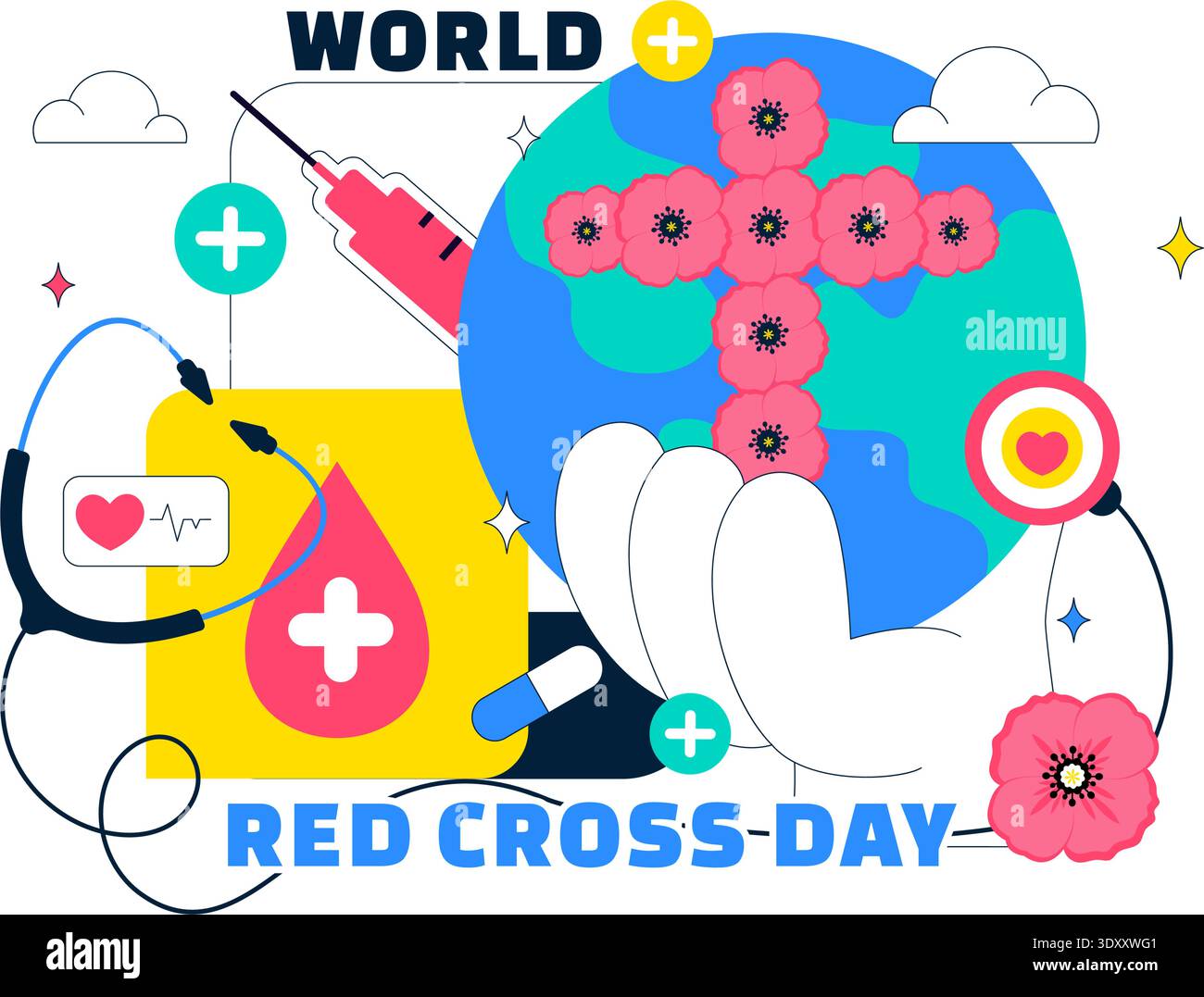 Welt-Rote Kreuz Tag Healthcare Unterstützung Mit Medizinischen Symbolen Herzschlag Stethoskop Und Spritze Vektor Illustration Für Globale Awareness Kampagne Stock Vektor