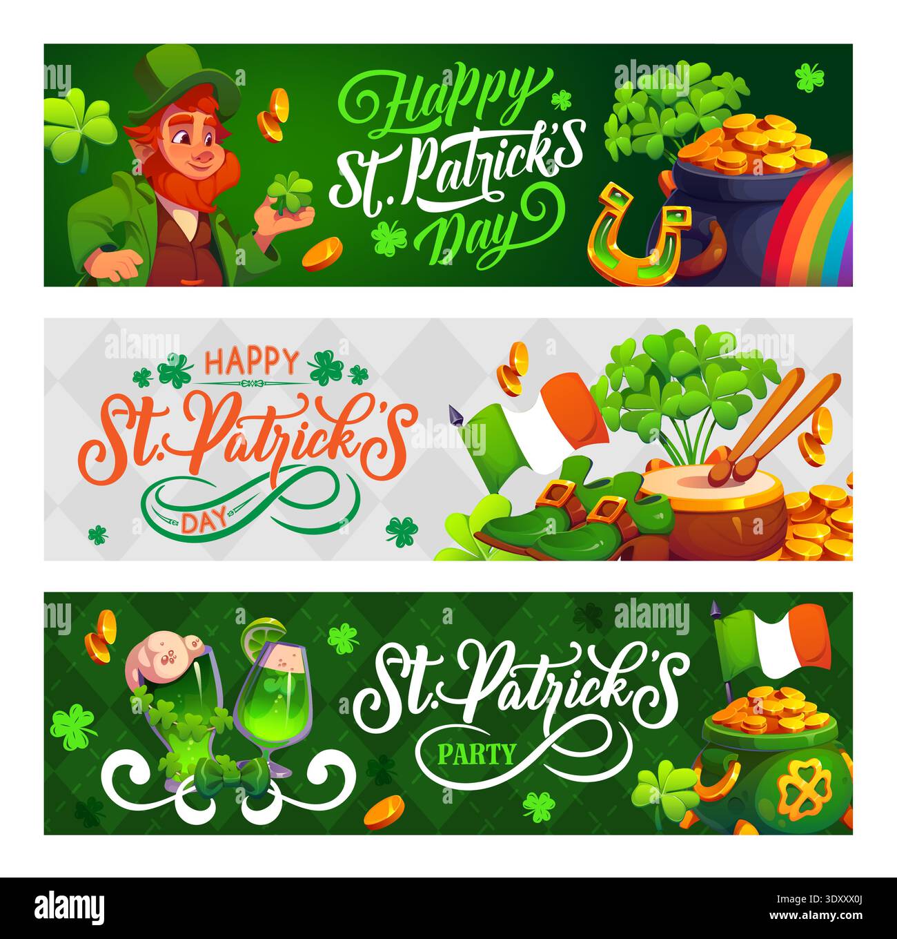 Happy St. Patrick Day Banner, irische Weihnachtsvektor-Grußkarten. Zeichentrick-Kobold-Charakter mit Lucky Shamrock Klee, Hufeisen und Münzen, goldenem Topf auf Regenbogen, Flagge, St. Patrick Day Partyflyer Stock Vektor