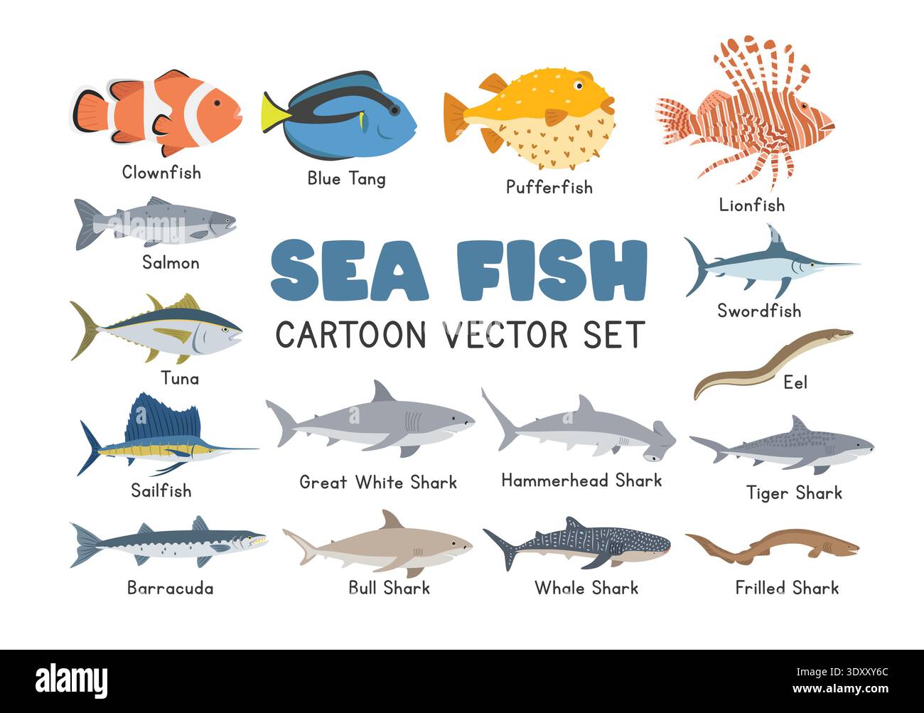 Seefisch-Vektor-Illustration Set. Seefisch-Karikatur-Clipart in flachem Stil. Haie, Lachs, Thunfisch, Clownfisch, Blauschnecke, Pufferfisch, Aal, Schwertfisch Stock Vektor