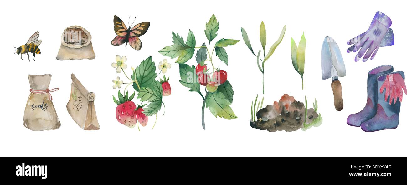 Blumengarten Pflanzen mit Erdbeeren, Tomaten und Bestäubern Aquarell Clipart Stockfoto