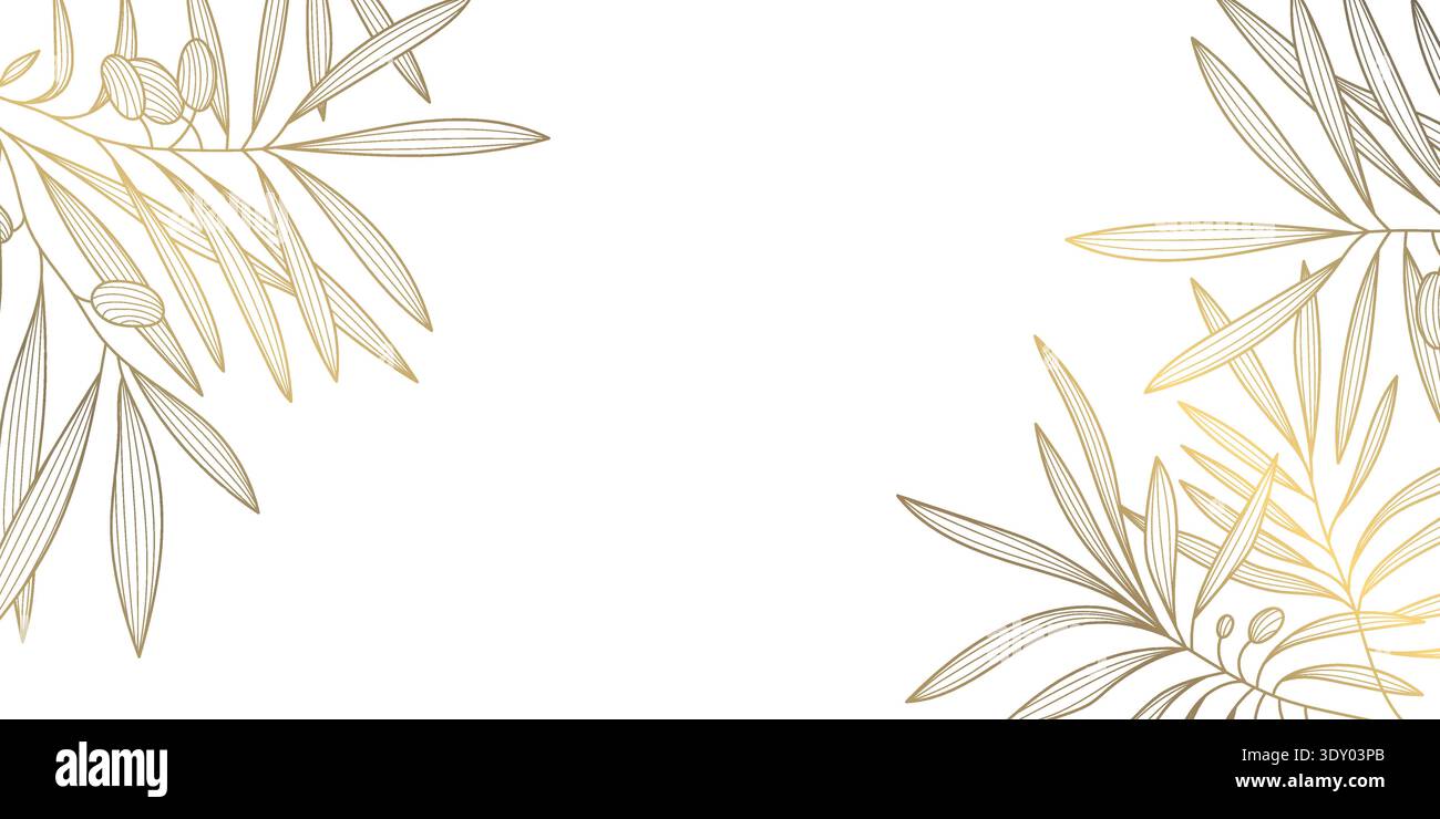 Vintage-Olivenbaum-Illustration, handgezeichnete Zweige und Strichkunst. Botanischer Vektor goldene Ecken Design, mediterranes Italienisch, griechischer Charakter, Olive Stock Vektor