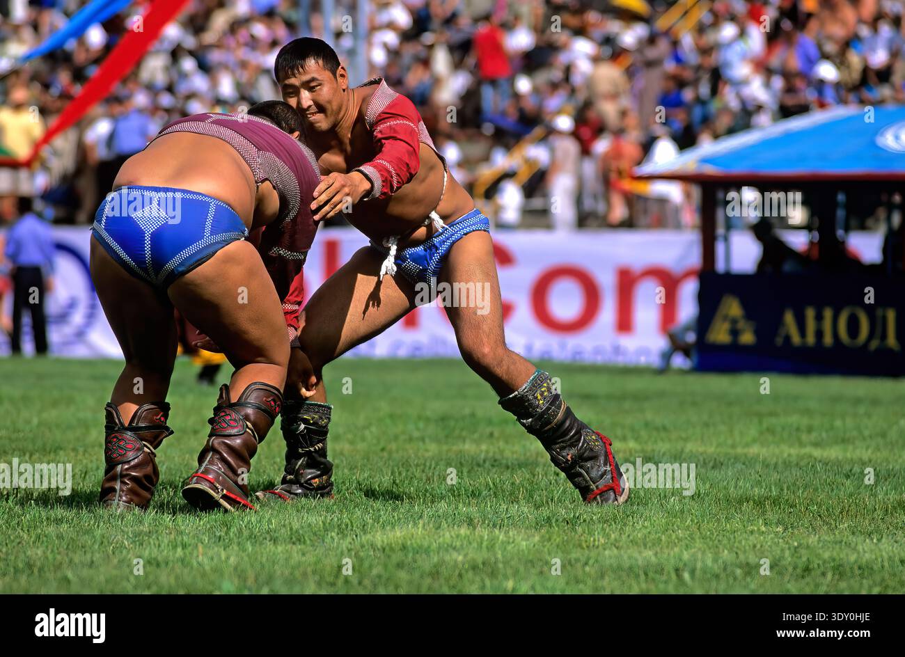 Zwei Wrestler treten an den Wrestlingspielen während des Naadam Festivals in Ulaanbaatar in der Mongolei an. Die Veranstaltung zieht jedes Jahr eine große Menschenmenge an. Stockfoto