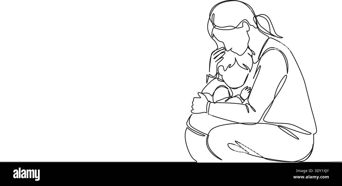 Durchgehende Linienzeichnung der Mutter beruhigendes trauriges Kind, Linienart Vektor-Illustration Stock Vektor