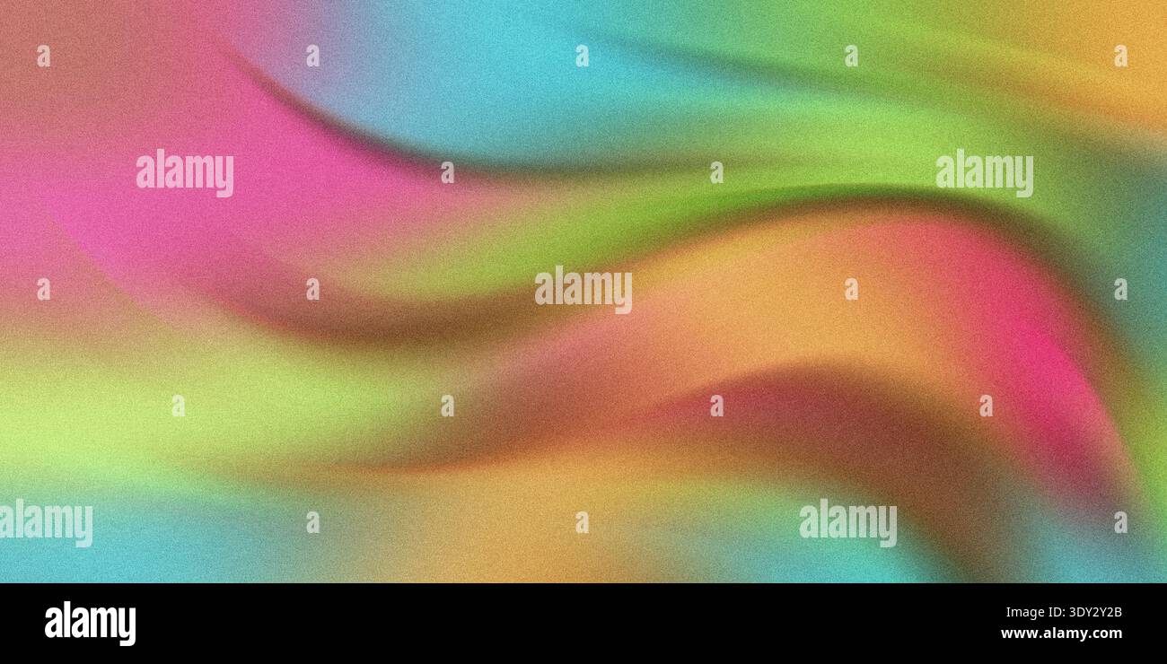 Ein lebendiger abstrakter Hintergrund zeigt wirbelnde Farbwellen, die Rosa, Grün, Orange und Blau mit einer subtilen, körnigen Textur vermischen Stockfoto