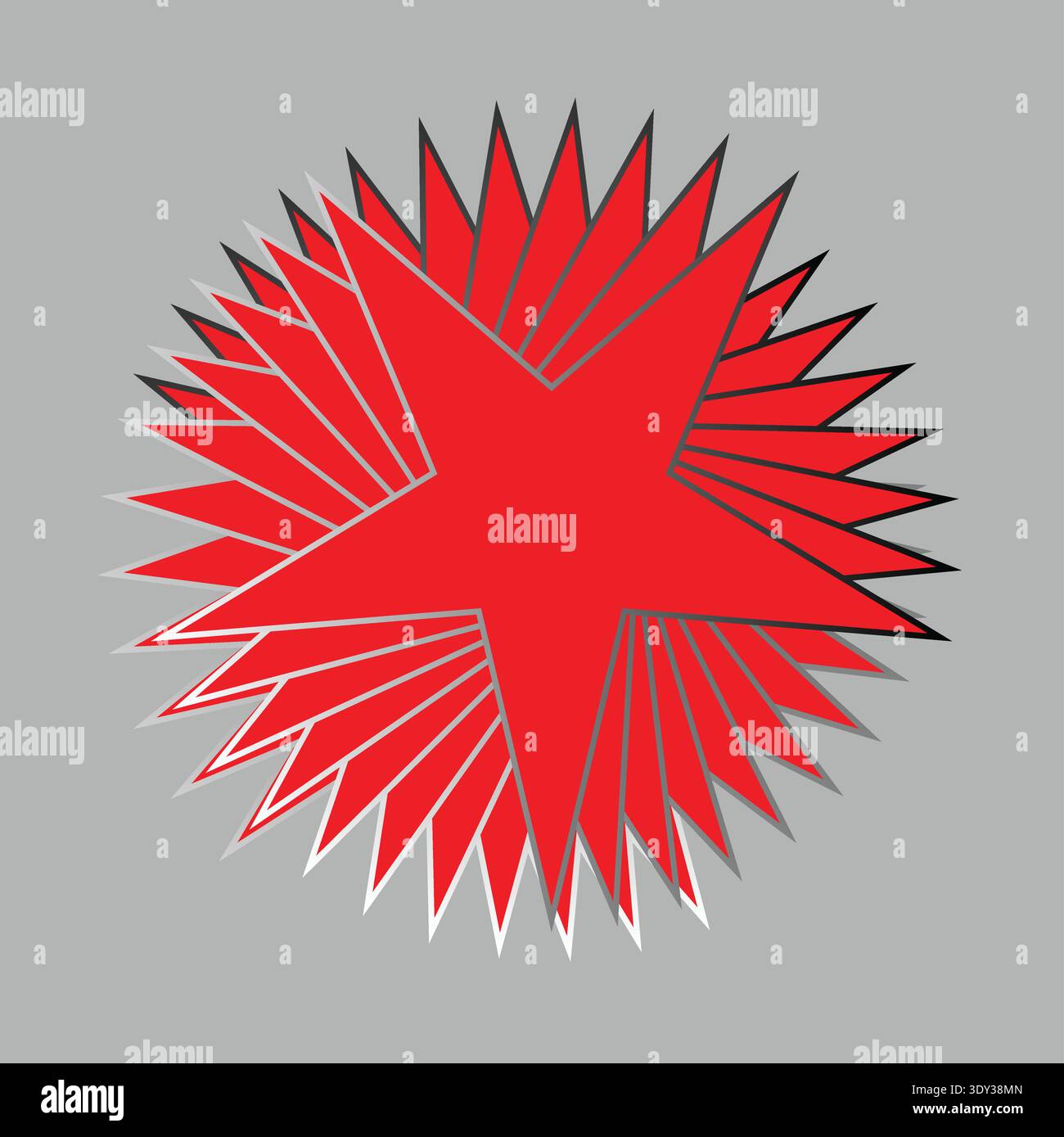 Das Bild zeigt ein markantes rotes Starburst-Design mit zahlreichen scharfen, verlängerten Punkten, die von der Mitte nach außen strahlen. Die Sternenmühle ist gefüllt mit wi Stock Vektor