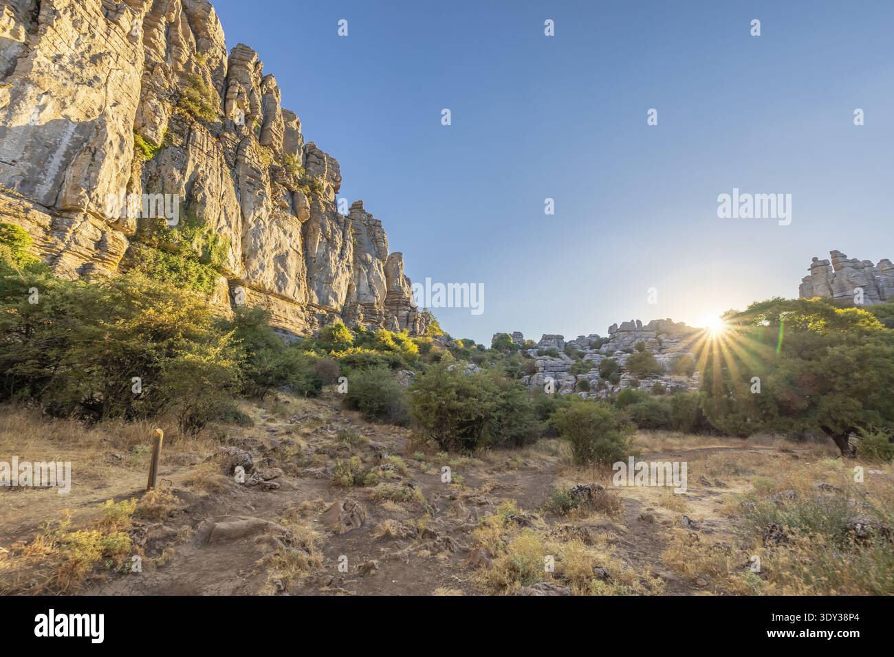 Der goldene Sonnenaufgang beleuchtet dramatische Felsformationen und karge Vegetation in einer natürlichen Parklandschaft. Stockfoto