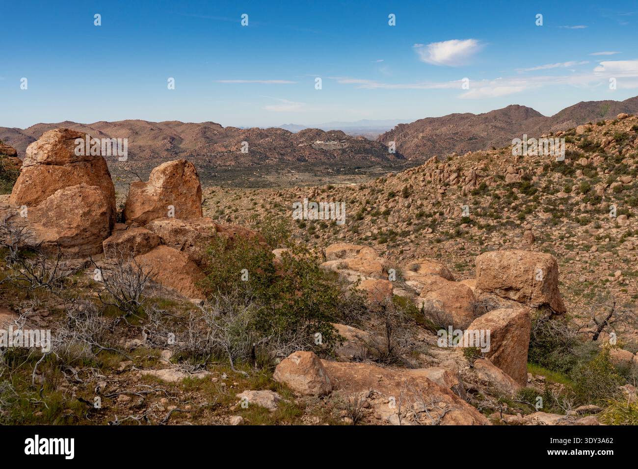 Arizona, USA – raues Wüstengelände östlich von Superior, mit Blick nach Westen mit Resolution Copper Mine im mittleren Hintergrund Stockfoto