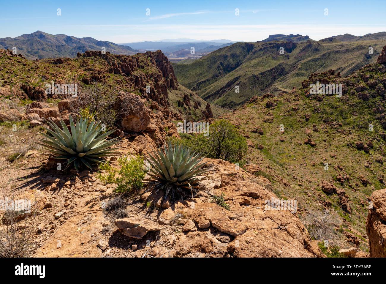 Arizona, USA - Blick von einem Berggipfel in Richtung Süden in Richtung Ray Kupfermine in der rauen Wüste östlich von Superior Stockfoto