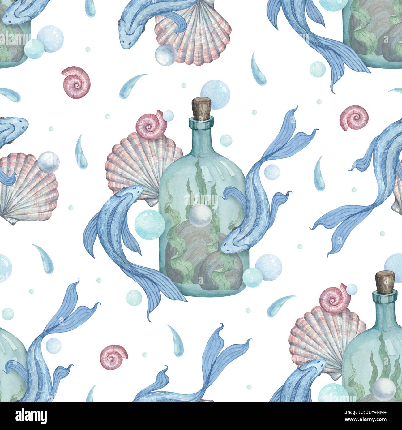 Ein nahtloses Aquarellmuster mit Illustrationen von wunderschönen blauen Fischen Stockfoto