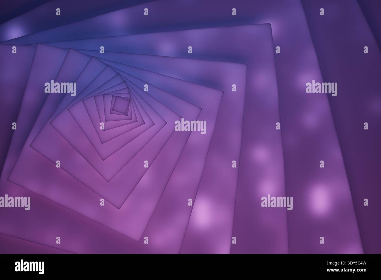 Tiefviolette Quadrate als faszinierender Tunnel, der satte violette Verläufe und weiche, leuchtende Schatten miteinander verbindet. Abstrakter geometrischer Hintergrund mit Leuchtspirale PA Stockfoto