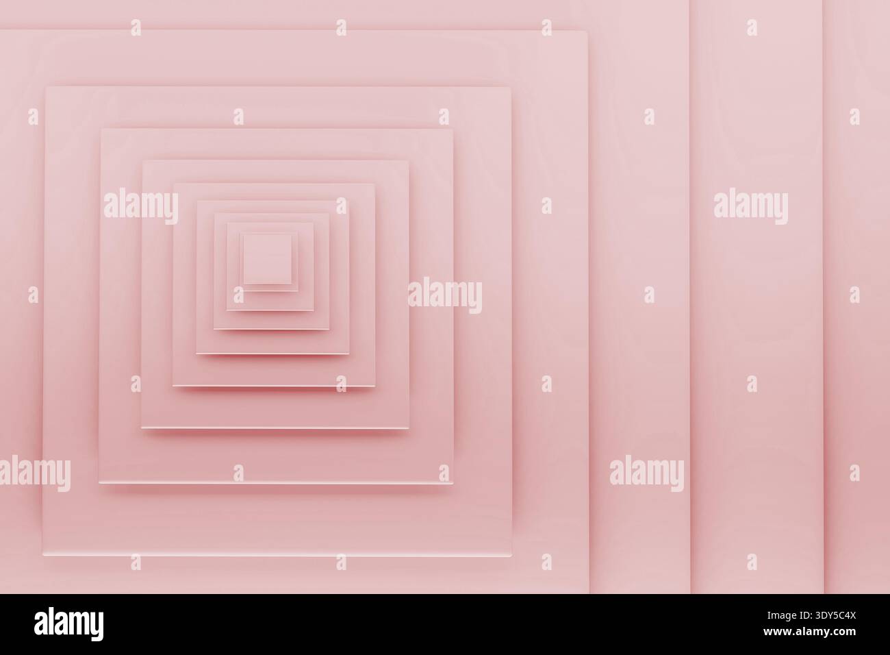 Klare, hellrosa konzentrische Quadrate bilden einen perfekten rekursiven Tunnel und erzeugen Kanten mit weicher Tiefe und leuchtender Symmetrie. Abstrakte geometrische Minimal bac Stockfoto