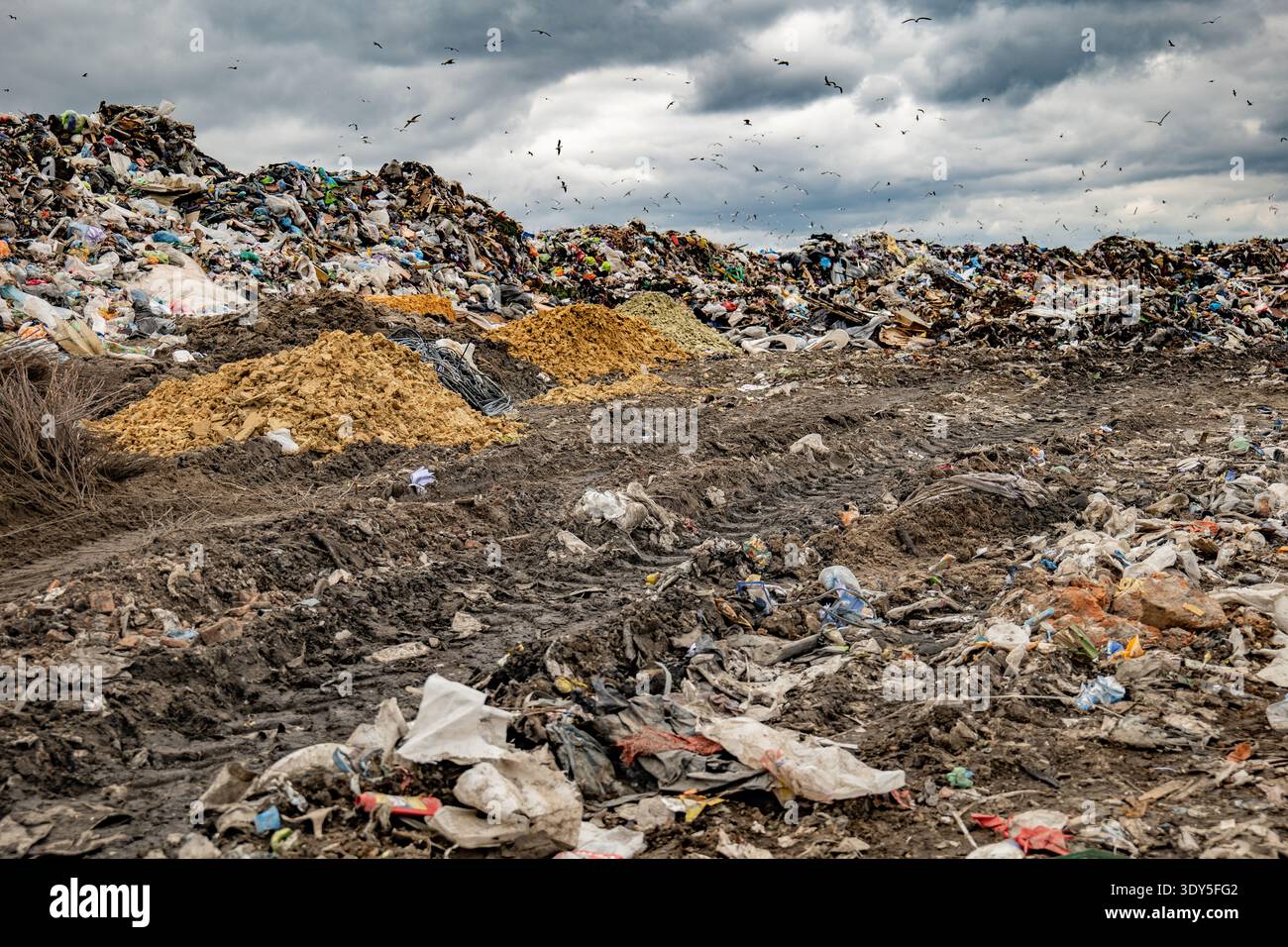 Berge von Abfall und Müll, die die Umwelt unter bewölktem Himmel verschmutzen Stockfoto