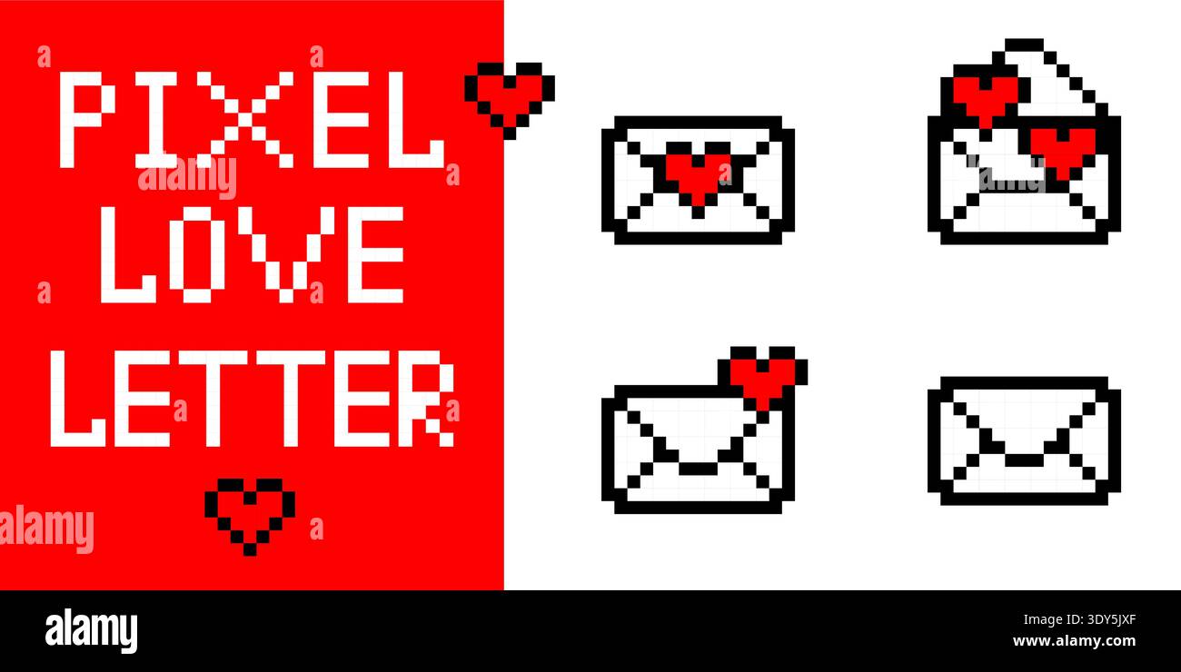 Rotes Herzsymbol mit Pixelumschlag im Retro-Videospiel-Stil mit digitalem Love Letter-Postkonzept für Arcade-Gamer-Design mit 8-Bit-Grafik Stock Vektor