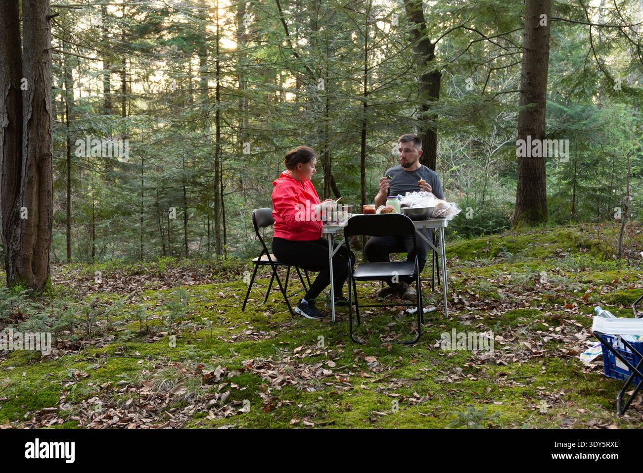 Ein Paar erfreut sich an einem warmen und intimen Outdoor-Dining-Erlebnis, eingebettet in eine ruhige Waldlandschaft, die Schönheit während der verströmt Stockfoto