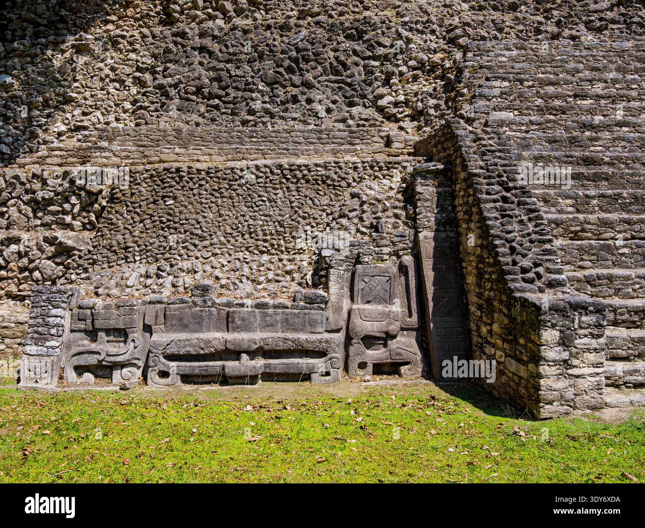 Detaillierte Ansicht der Maya-Ruinen mit Steinschnitzereien und Stufen an der Plaza A in Caracol Archaeological Site im Cayo District, Belize Stockfoto