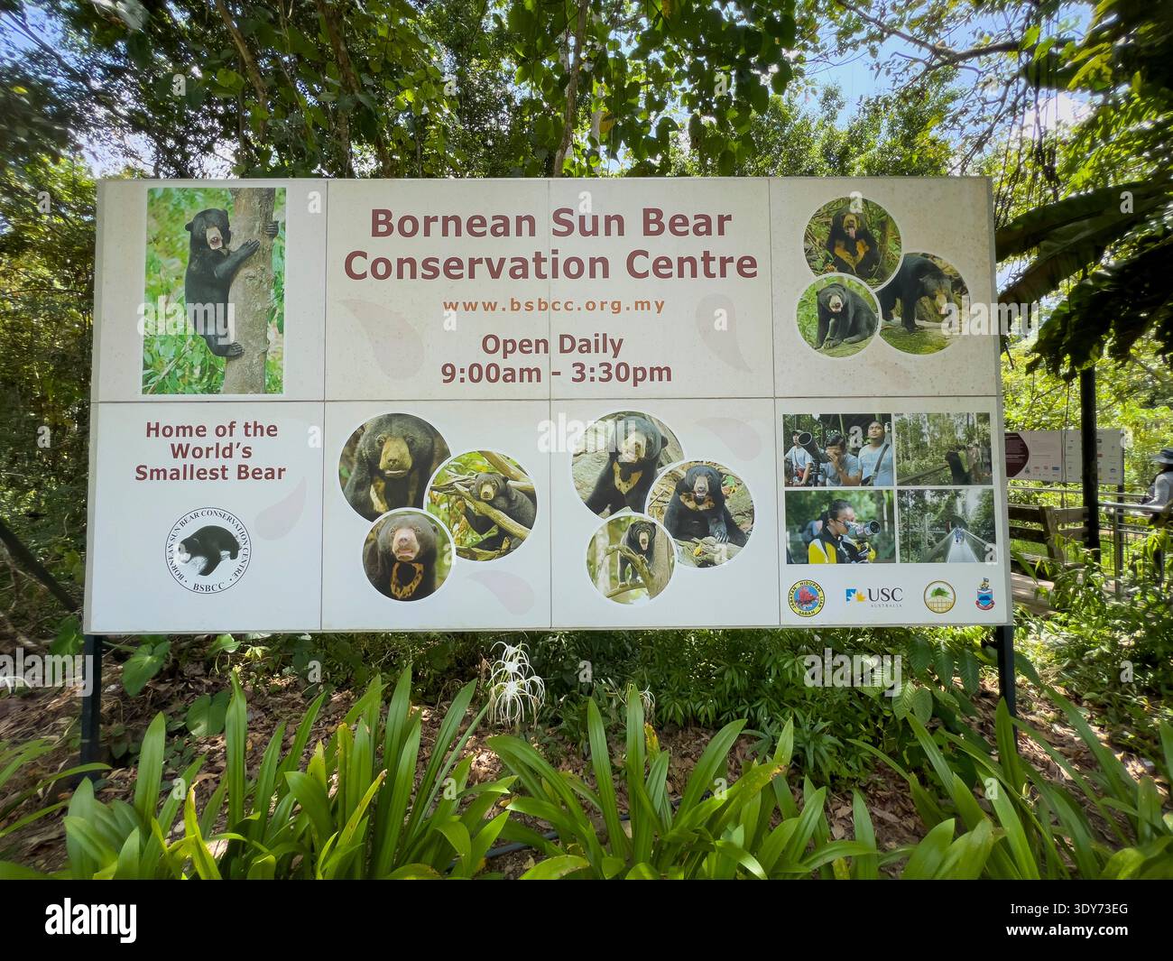 Schild des Bornean Sun Bear Conservation Centre mit Stunden und Bildern von Sonnenbären in Sabah Malaysia Stockfoto