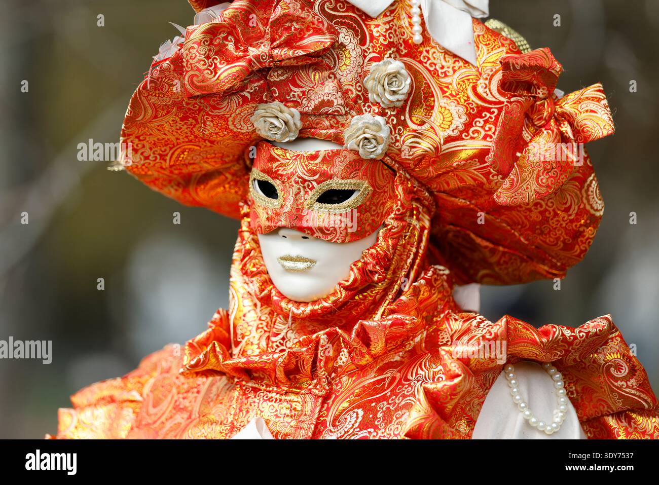Frau mit traditioneller Maske und Tracht während des jährlichen venezianischen Karnevals in Annecy Stockfoto