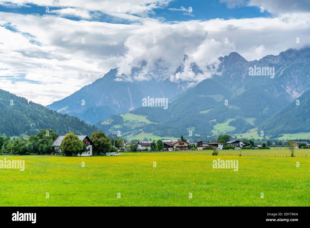 Sonniger Tagesblick auf Berge und Felder bei Saalfelden in Österreich im Sommer mit klarem Himmel Stockfoto