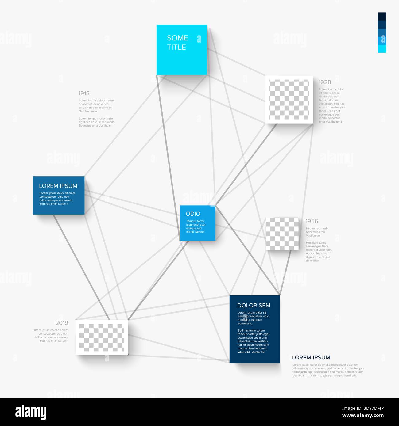 Diese Infografik-Vorlage enthält blaue Inhaltsquadrate, die durch ein neuronales Netz von Linien mit Foto-Platzhaltern verbunden sind. Infografik-Vorlage zu visuell Stock Vektor