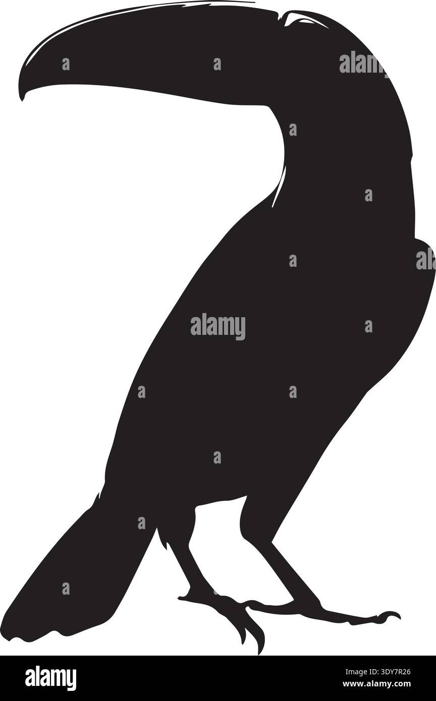 Schwarze Tukan-Silhouette mit großem geschwungenem Schnabel auf weißem Hintergrund. Stock Vektor