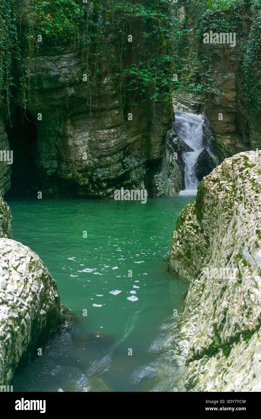 Gebirgsfluss fließt durch die Felsen im Wald, natürliche Landschaft Stockfoto