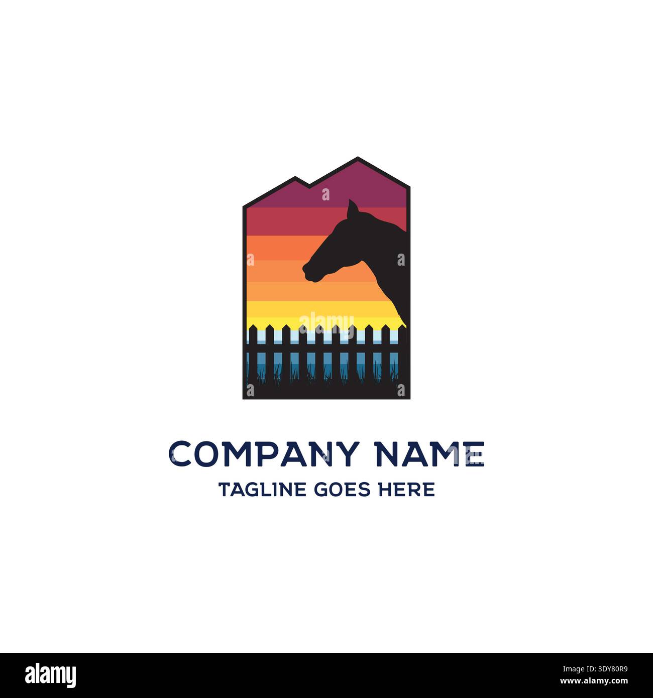 Pferdekopf-Silhouette In Scheune Form Mit Sonnenuntergang Verlauf Und Zaun Illustration Stock Vektor