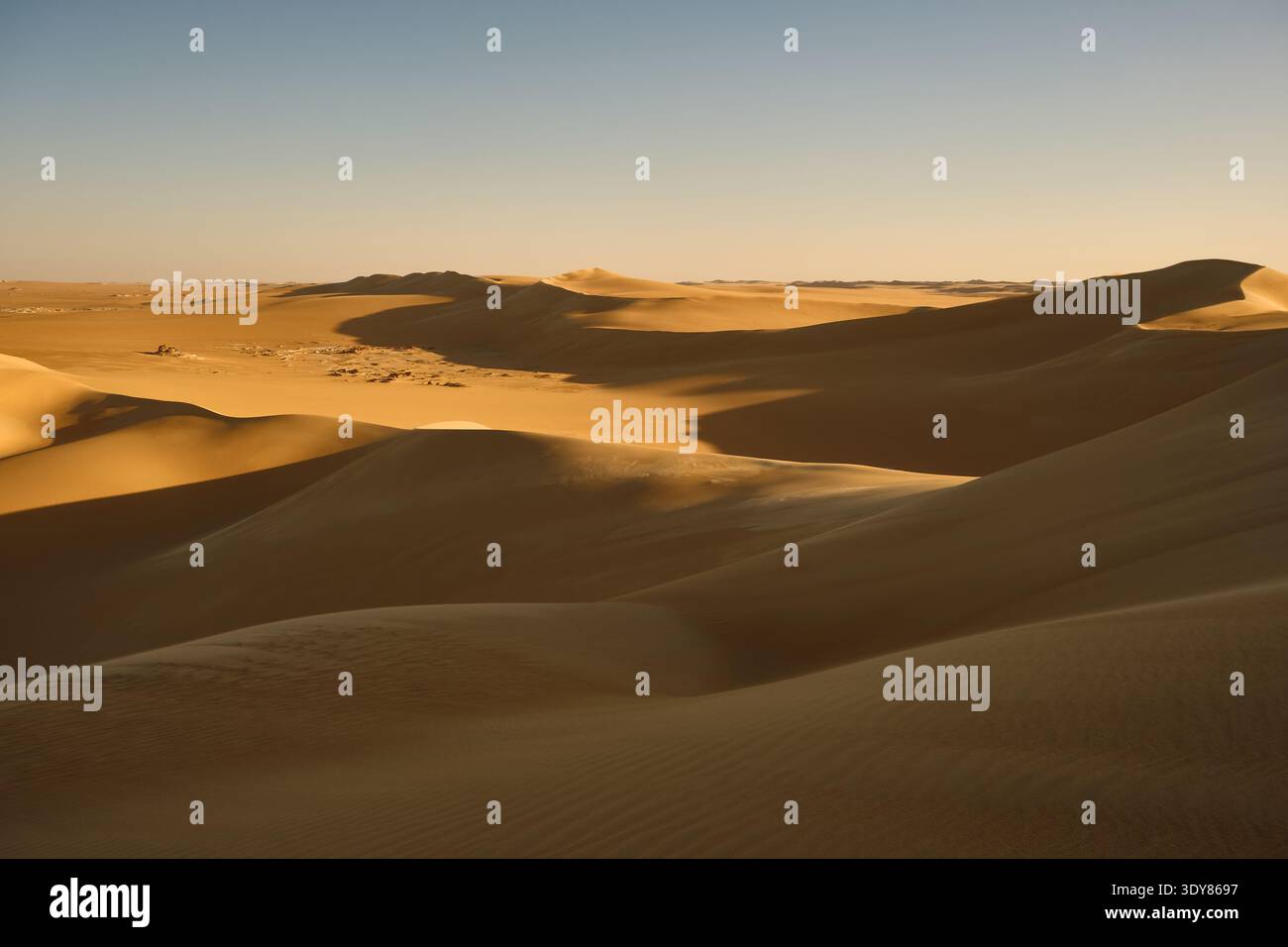 Goldene Sanddünen in Wüstenlandschaft bei Sonnenuntergang Stockfoto