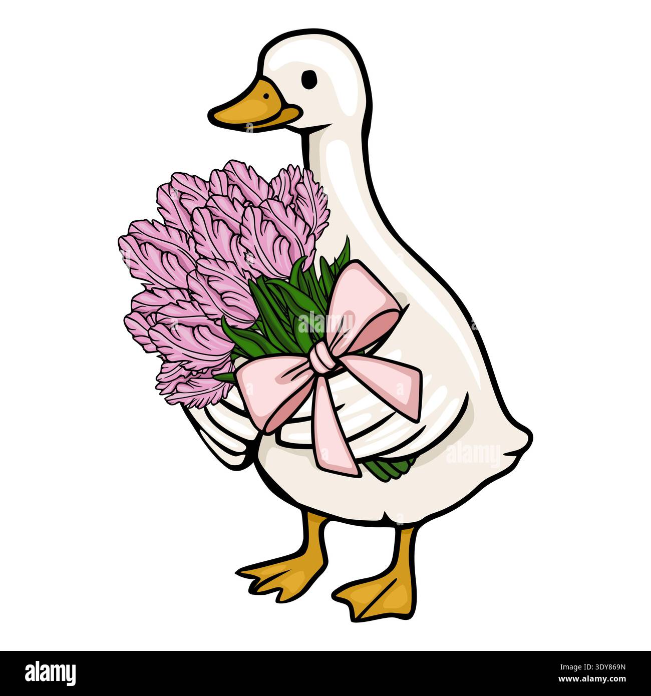 Bezaubernde Vektor-Illustration einer weißen Gans, die einen Strauß rosa Hyazinthen hält, gebunden mit einer blassrosa Schleife Stock Vektor