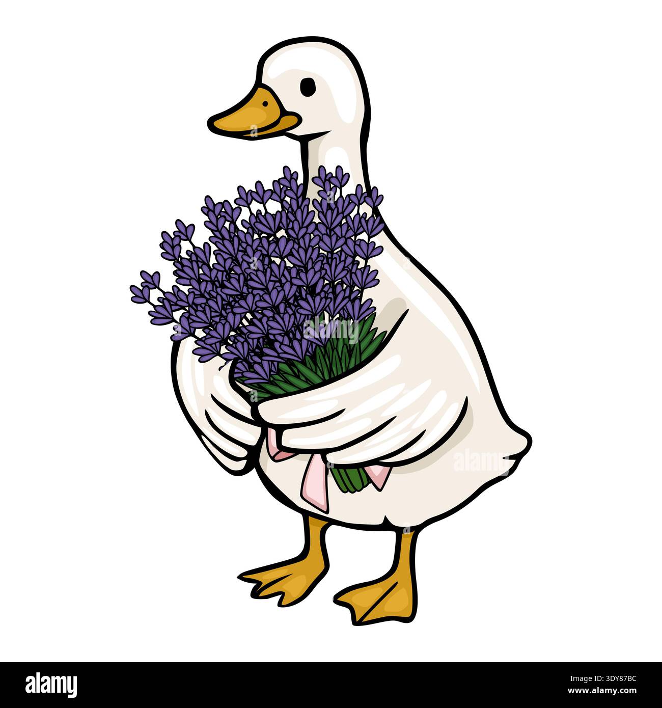 Niedliche Vektorgans, die einen Blumenstrauß aus Lavendelblüten mit einem rosafarbenen Band hält Stock Vektor