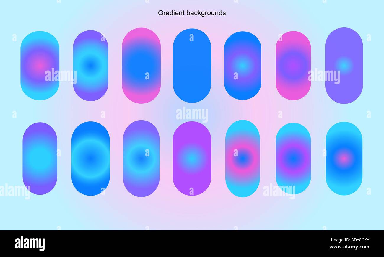Dieses Set enthält 14 Kapselsymbole mit leuchtendem Neonblau und violett radialen Farbverläufen. Diese schlanken Modelle wurden für moderne mobile App-Schnittstellen entwickelt Stock Vektor