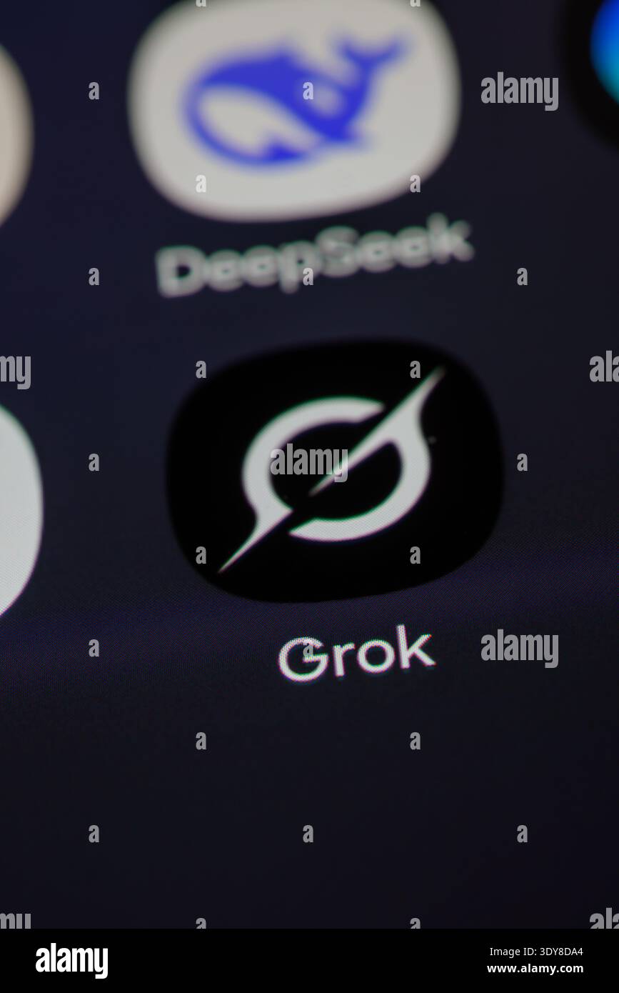 Buenos Aires, Argentinien; 23. Februar 2026: Grok-Symbol auf einem Handy-Bildschirm in vertikaler Komposition. Stockfoto