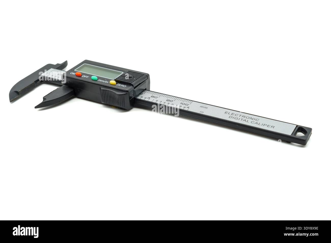 Schwarzer elektronischer digitaler Messschieber mit lcd-Anzeige auf weißem Hintergrund, isolierte Produktaufnahme Stockfoto