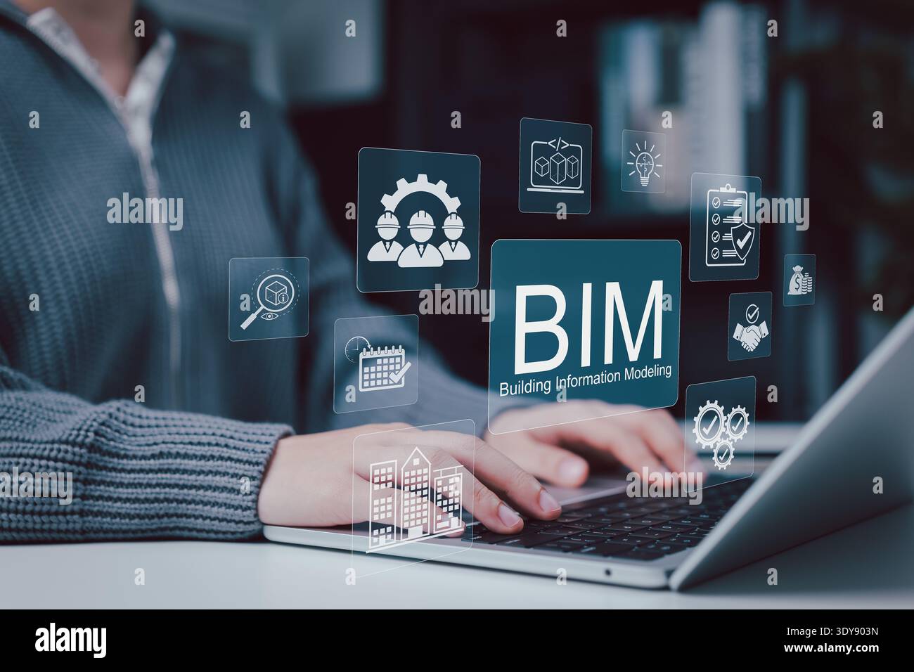 Building Information Modeling BIM-Technologiekonzept. Ingenieur oder Architekt mit Laptop mit BIM für die Verwaltung von Bauplanung, digitalem Design, Stockfoto