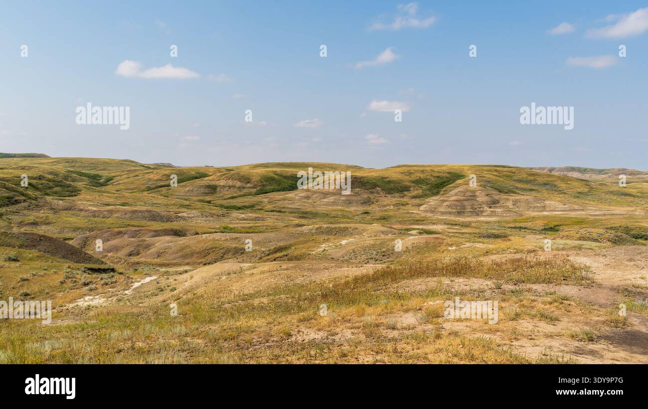 Erodierte Schichten bilden Badlands, wenn sie sich vom Prärieboden heben. Ihre Texturen und Farben stehen im Grasslands National Park vor einem tiefblauen Himmel. Stockfoto