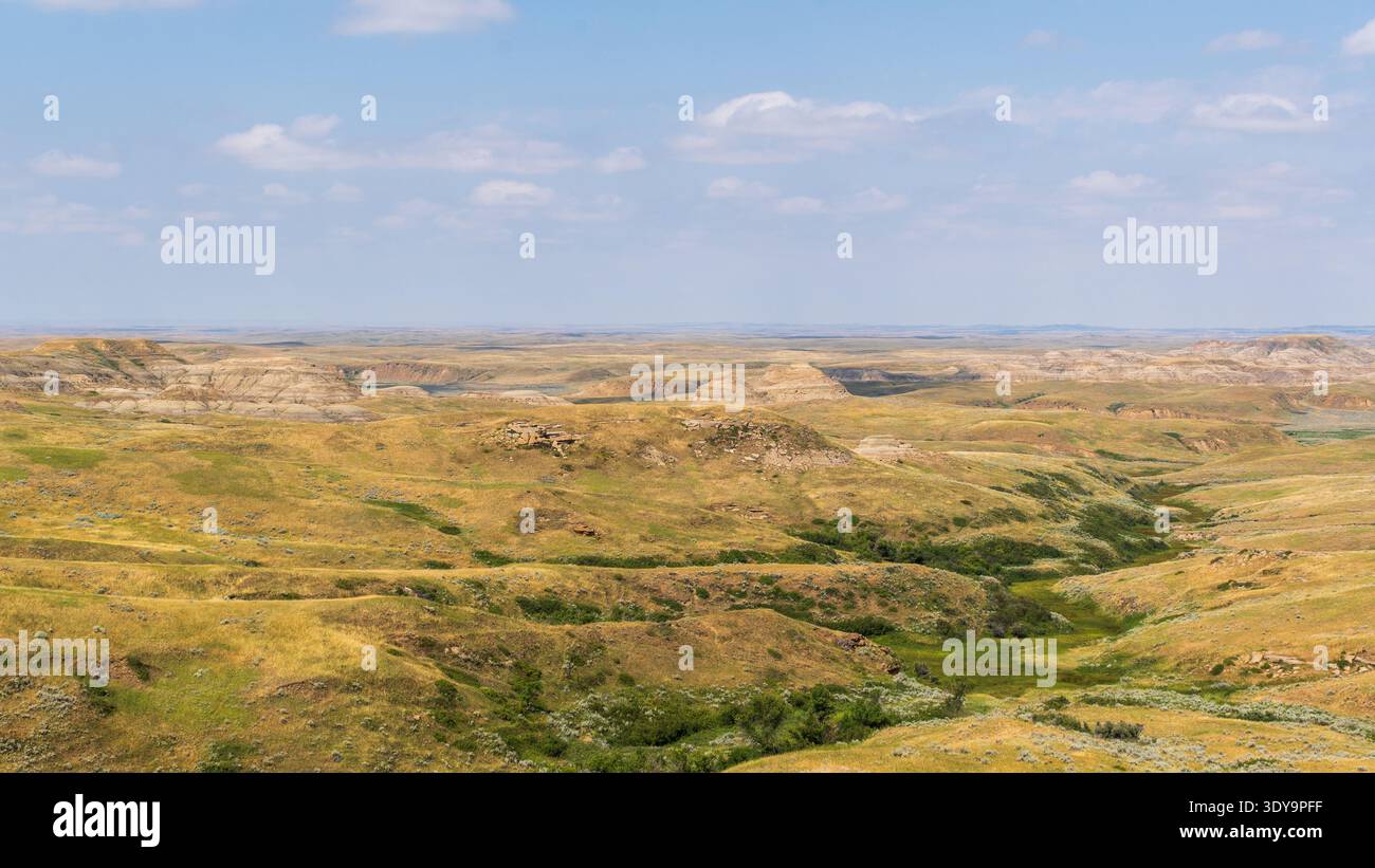 Die Badlands des Grasslands National Park zeigen auffällige Farbschichten auf ihren erodierten Steinen und Sedimenten, die einen lebendigen Wandteppich aus Stein und Sediment bilden. Stockfoto
